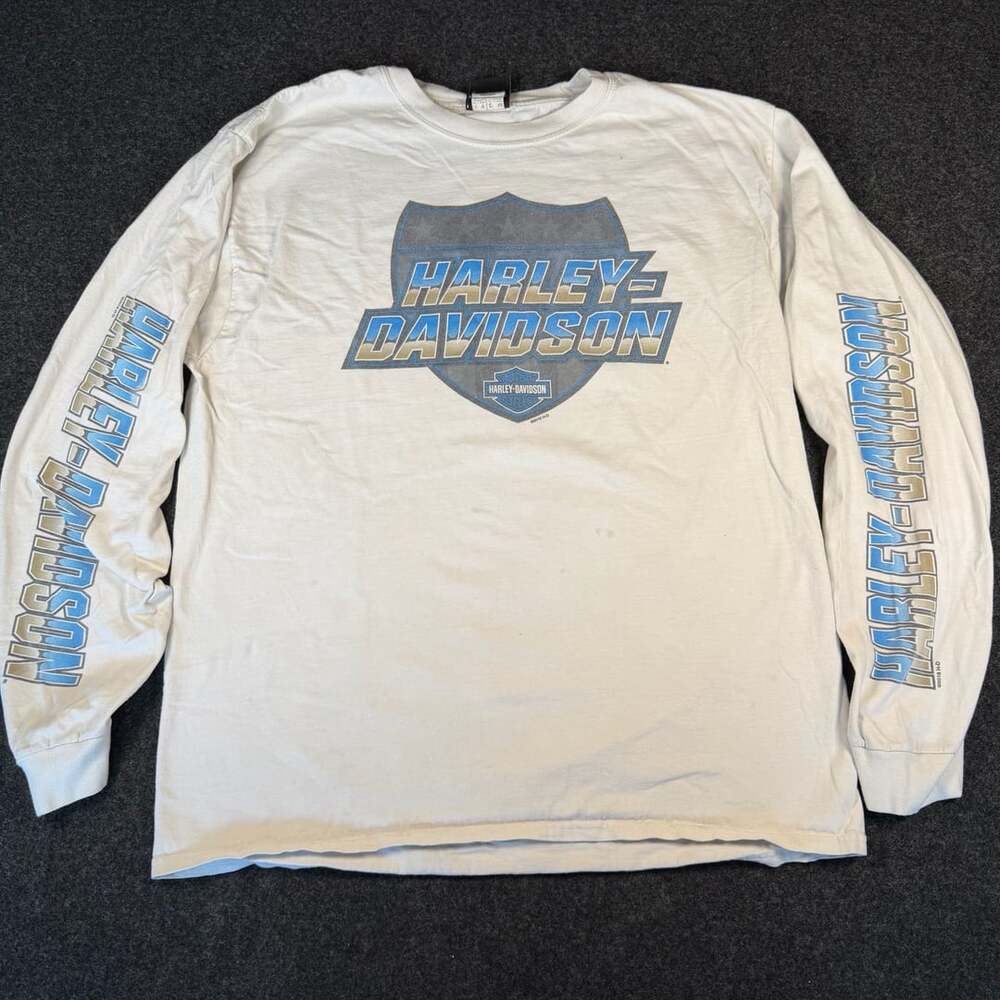 Harley Davidson White Long Sleeve T-Shirt with Blue Shield Logo and Sleeve Print